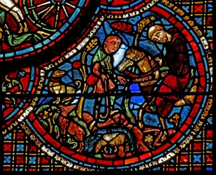 Das St. Lubin Fenster: Seine Ausbildung - Ein Mönch gibt ihm einen Gürtel mit einem eingravierten Alphabet