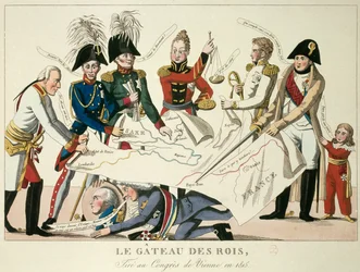 Der Wiener Kongress am 22/06/1815: der Kuchen der Könige. Er vereinte die acht Weltmächte und sollte nach dem Sturz des Kaiserreichs Napoleons I. die Grenzen neu festlegen. Alexander I., Zar von Russland; H. R. Stewart, Castlereagh; Franz Joseph I.