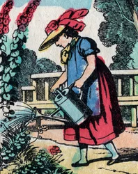 Die Aktivitäten für Mädchen aus guten Familien: Gartenarbeit lernen - Epinal-Bild - 19. Jahrhundert (Gravur)