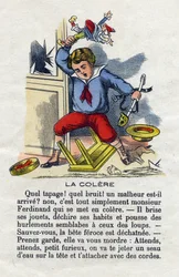 Der Zorn. Launisches Kind, das seine Spielsachen zerbricht. Kleines Jungenalphabet. Abecedarium mit moralischem Wert, das Leseübungen enthält. Epinal-Bild, Ende des 19. Jahrhunderts