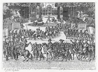 Die Ankunft von Mehmed Celebi Efendi, Botschafter von Sultan Ahmed III. der Türkei, in den Tuilerien, um von Ludwig XV. im Jahr 1721 empfangen zu werden (Stich)