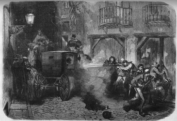 Die Ermordung von Juan Prim y Prats (1814-1870), spanischer General und Politiker, beim Verlassen der Cortes in der Calle del Turco in Madrid am 28. Dezember 1870. Stich in "Le Monde Illustré" Nr. 724 vom 25. Februar 1871.
