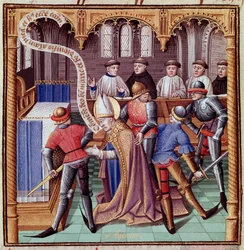 Die Ermordung von Thomas Becket im Jahr 1170 (Ermordung von Saint Thomas von Canterbury) Miniatur aus „Le miroir historial“ (Speculum Historiale) von Vincent de Beauvais (1190-1264) ins Französische übersetzt von Jean de Vignay