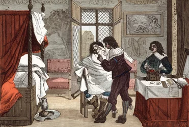 Der Barbier, Frankreich, Gravur von Abraham Bosse, ca. 1640, Gravur aus "Paris durch die Jahrhunderte" Band V