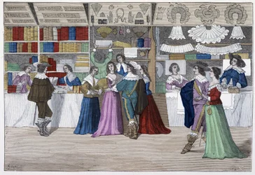 Die Boutiquen der Galerie des Gerichtsgebäudes unter Ludwig XIII. - in „Paris durch die Jahrhunderte“