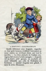 Das tapfere Kind. Ein Kind verteidigt seine Schwester gegen einen Hund. Kleines Jungenalphabet. Abecedarium mit moralischem Wert, das Leseübungen enthält. Epinal-Bild, Ende des 19. Jahrhunderts