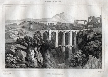 Die Brücke mit doppelten Arkaden - Civita Castellana - Provinz Viterbo - Italien - Gravur aus „Italien Picturesque - Historische und beschreibende Malerei von Italien“ von M. de Norvins, Ch. Nodier 1834-1836
