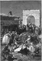 Die Kaids und Djemmas des Kreises von Saida in Algerien bringen dem arabischen Büro ihre Geschenke, um die von Deutschland seit dem Ende des Krieges von 1870 besetzten französischen Departements zu erlösen. Gravur in „Le Monde Illustré“ Nr. 784 vom 20. Apr