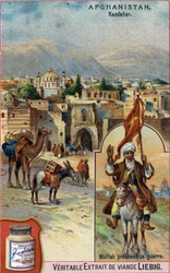 Die Stadt Kandahar in Afghanistan mit Mullah, der Krieg predigt. Werbechromolithographie des 19. Jahrhunderts