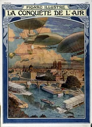 Die Eroberung der Luft: Luftschiff, Ballon und Heißluftballon über Paris - Titelblatt in Figaro Illustrated von Februar 1909