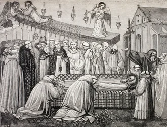 Der Tod des hl. Benedikt von Nursia in der Abtei Monte Cassino, aus 