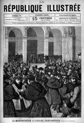 Die Demonstration an der Kirche Saint-Augustin in Paris: Auseinandersetzung zwischen der Pariser Polizei und Demonstranten, die gegen die Dekrete vom März 1880 protestieren, die von Jules Ferry erlassen wurden und das Recht auf Unterricht durch nicht autor