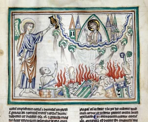 Die Zerstörung Babylons. Miniatur aus „Die Apokalypse von Cambrai“ beleuchtet von der französischen Schule des 13. Jahrhunderts. Ms. 422. Stadtbibliothek, Cambrai