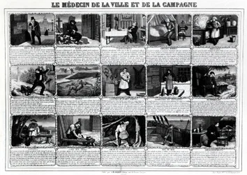 Der Arzt der Stadt und des Landes und ihre verschiedenen Patienten, veröffentlicht von J.B. Gadolachez Cours de Brosses in Lyon, Ende des 19. Jahrhunderts.