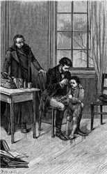 Der Arzt marmorierte: Ein Arzt untersucht das Ohr eines tauben Kindes. Gravur, die „Der Teppich der vier Facardins“ von Mme de Vitt, geb. Guizot, illustriert. In „Le Journal de la jeunesse“