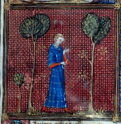 Der Traum, Detail: Der Liebhaber näht den Ärmel seines Hemdes. Miniatur in „Roman de la rose“ von Jean de Meun, Jean de Meung oder Jean Chopinel, Jean Clopinel (ca. 1240-1305), um 1370. Chantilly, Musée Condé