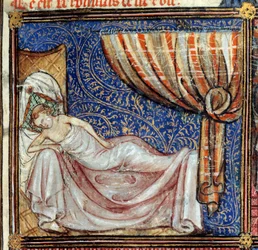 Der Traum, Detail: Der schlafende Liebhaber. Miniatur in „Le Roman de la rose“ von Jean de Meun, Jean de Meung oder Jean Chopinel, Jean Clopinel (ca. 1240-1305), um 1370. Chantilly, Musée Condé