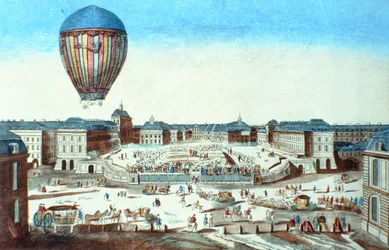 Der erste Flug des Heißluftballons von Pilatre du Rozier, benannt nach seinem Sponsor M. Montgolfier, in Versailles am 23. Juni 1784