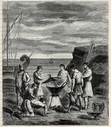 Die ersten Seefahrer im griechischen Archipel gewannen Frischwasser durch Verdampfen von Meerwasser - Gravur in „Sciences available to all - Popular physics and chemistry“ von Alexis Clerc - Ende 19. Jahrhundert - Private Sammlung