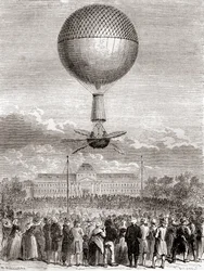Der erste erfolgreiche Ballonflug von Jean-Pierre François Blanchard am 2. März 1784, in einem Wasserstoffgasballon vom Champ de Mars, Paris, Frankreich, aus Les Merveilles de la Science, veröffentlicht um 1870 (Gravur)