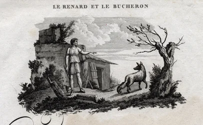 Der Fuchs und der Holzfäller. Fabel von Äsop. Geschrieben von Guillaume Montfort und graviert von Beauble im Jahr 1801.