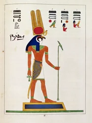 Der Gott Mandou, Illustration aus Pantheon égyptien: Sammlung mythologischer Figuren des alten Ägypten, von Jean-Francois Champollion, veröffentlicht ca. 1986