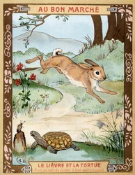 Der Hase und die Schildkröte (Fabel von La Fontaine) - Bon Marché Werbeaufkleber, Ende des 19. Jahrhunderts