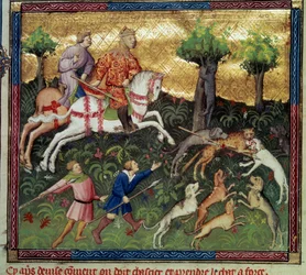 Die Jagd auf Wildkatzen. Miniatur aus „Das Buch der Jagd“ von Gaston III Phoebus, Graf von Foix, Herr von Béarn (1331-1391)