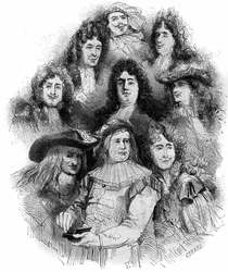 Die Interpreten von Molière an der Comédie-Française in den Jahren 1862-1863. Von unten nach oben: Provost (Arnolphe), Joseph Samson (1893-1871) (Sganarelle), Geffroy (Clitandre), Bressant (Don Juan), Edmond Got (1822-1901) (Trissotin), Louis Delaunay (182