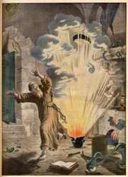 Die Erfindung des Schießpulvers durch den deutschen Mönch und Alchemisten Berthold Schwartz (ca. 1318-1384) - Berühmte Erfindungen. Das Pulver. Illustration für Le petit Journal, 27. Januar 1901.
