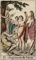 Das Urteil des Paris, der Hirte Paris muss entscheiden, wem er den goldenen Apfel gibt, um die schönste der drei Göttinnen, Athena, Aphrodite oder Hera, zu bestimmen. Aus „Mythologie der Jugend“ von Pierre Blanchard 1803