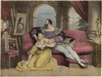 Der König von Frankreich Franz I. (1494-1547) und das schöne Eisenwerk. Lithographie von Daveria aus 1838 in „Laughs Et Galanterie“. Wöchentliche Sammlung galanter Bilder unter der Leitung von John Grand-Carteret. 1903-1904