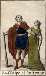 Der König von Theben Ödipus mit seiner Tochter Antigone. Aus „Mythologie de la jeunesse“ von Pierre Blanchard 1803.
