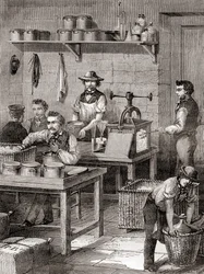 Die Herstellung von Schießbaumwolle im 19. Jahrhundert, aus Les Merveilles de la Science, veröffentlicht um 1870 (Stich)