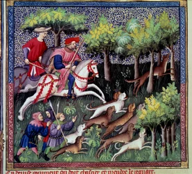 Die Miniatur-Fuchsjagd aus „Das Buch der Jagd“ von Gaston III. Phoebus, Graf von Foix, Herr von Béarn (1331-1391)