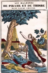 Die Unglücke von Pyramus und Thisbe in ihrer Liebe, erzählt von Ovid in „Die Metamorphosen“. Epinal-Bild