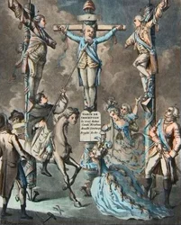 Das neue Kalvarienberg, Ludwig XVI. ans Kreuz genagelt von Aufständen - 2. und 3. Monsieur (Louis Stanislas Xavier, Graf von Provence (1755-1824), Louis XVIII) und der Graf von Artois (Charles Philippe (1757-1836) Charles X), Brüder des Königs, gelehnt an 