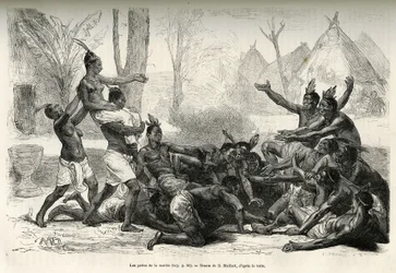 Die Perlen der Braut, die Verlobte wird auf den Schultern einer Frau ihres Clans getragen, wird in die Menge gebracht, die das Charivari organisiert und kleine Perlen, Tabakblätterfragmente, Glückspfand, in der Region des Kassali-Sees wirft, Zeichnung von 