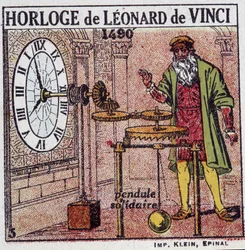 Das Pendeluhrwerk von Leonardo da Vinci (Leonardo da Vinci) (1452 - 1519) (Pendel 1490) - in „Energie“ von Henri Arnould, ed. Quillet, Paris, 20. Jahrhundert