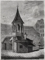 Der Pranger der Halles im 18. Jahrhundert, gebaut auf dem alten Friedhof der Unschuldigen - Gravur in Die physische, zivile und moralische Geschichte von Paris: von den frühesten historischen Zeiten bis zur Gegenwart von Jacques Antoine Dulaure