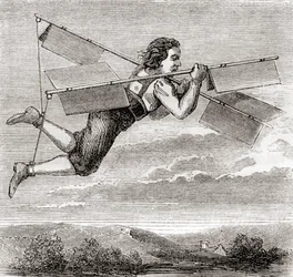 Der angebliche Flug des französischen Schlossers Jacob Besnier mit Hilfe eines selbst entworfenen Flugapparats im Jahr 1678, aus 