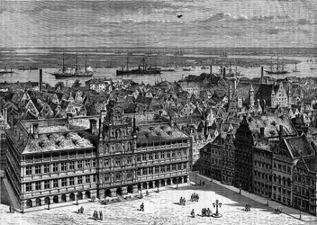 Der Fluss Schelde vom Hafen von Antwerpen, Belgien, aus gesehen. Gravur in „Le Journal de la jeunesse“