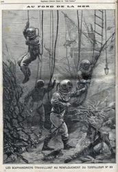 Die Taucher arbeiten an der Bergung des Torpedos 83, der in der Bucht von Douarnenez in Finistère in der Bretagne gesunken war, in "Le Petit Parisien"