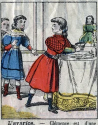Die sieben Todsünden: Habgier. Epinal-Bild Ende des 19. Jahrhunderts. (I sette peccati o vizi capitali)