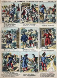 Der kranke Löwe und der Fuchs. Fabeln von Jean de La Fontaine (1621-95). Epinal-Bildgebung Ende des 19. Jahrhunderts.