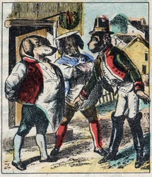 Der kranke Löwe und der Fuchs. Fabeln von Jean de La Fontaine. Epinal-Bildgebung Ende des 19. Jahrhunderts.