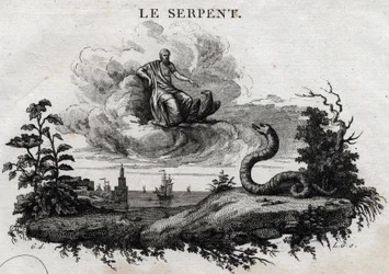 Die Schlange. Fabel von Äsop. Geschrieben von Guillaume Montfort und graviert von Beauble im Jahr 1801.