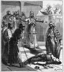 Die Prüfung der bitteren Wasser - Im Judentum der Antike ließ der Priester die Frau, die des Ehebruchs verdächtigt wurde, „bittere Wasser“ trinken, die ihren Bauch anschwellen ließen, wenn sie untreu gewesen war - Gravur in „Wissenschaften für jedermann - 