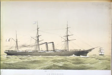 Der transatlantische Raddampfer Le Pereire auf der Überfahrt von Le Havre nach New York, ca. 1860