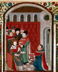 Der Übersetzer Jean de Meung (oder Clopinel oder Chopinel) (1240-1305) überreicht sein Werk König Philipp IV. dem Schönen (1268-1314). Miniatur aus „De Consolatione Philosophiae“ von Boethius (475-520), übersetzt von Jean de Meung